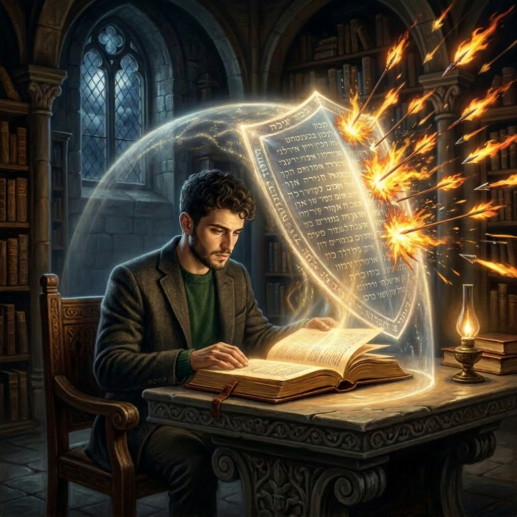 Old monk reading ancient book protected by magical shield from dark spirits