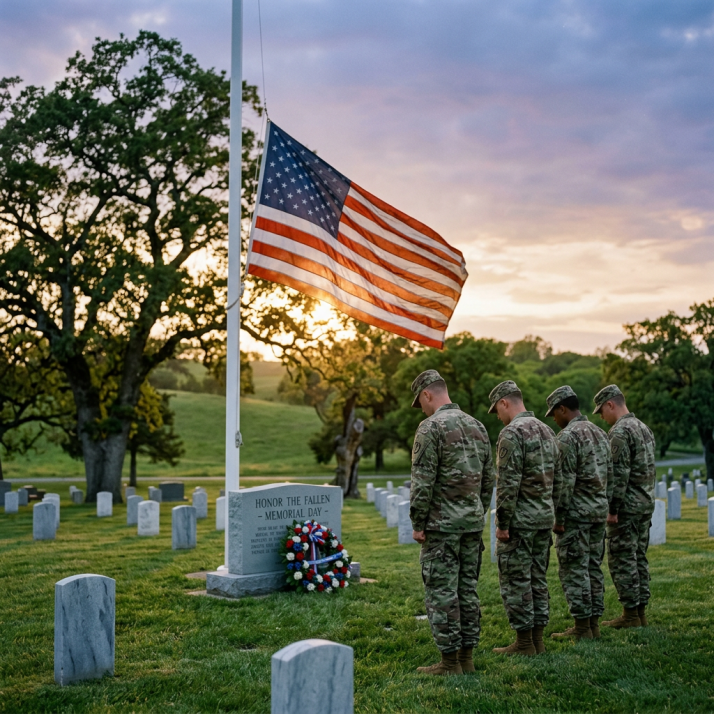 Four soldiers in uniform standing and bowing heads by a Memorial Day grave marker with an American flag at half-mast