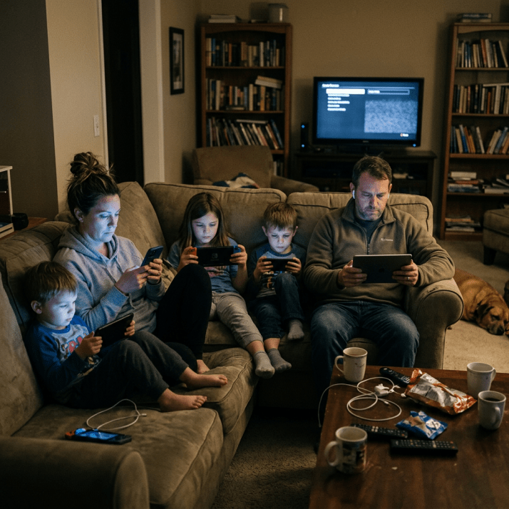 Family of five sitting on a couch using various digital devices including smartphones, a tablet, and a handheld console