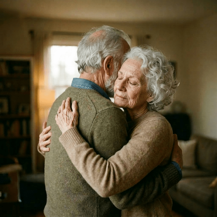 Couple hugging with eyes closed in a warmly lit living room
