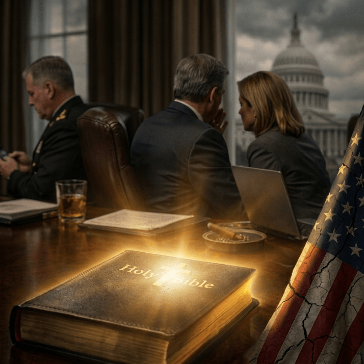 Large Holy Bible on table in front of officials with Capitol building visible