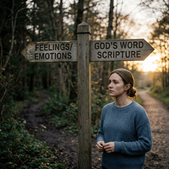 Woman beside a signpost reading “Feelings/Emotions” and “God’s Word Scripture”