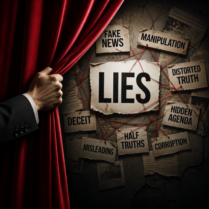 Hand pulling back red curtain to reveal papers labeled LIES, FAKE NEWS, and MANIPULATION